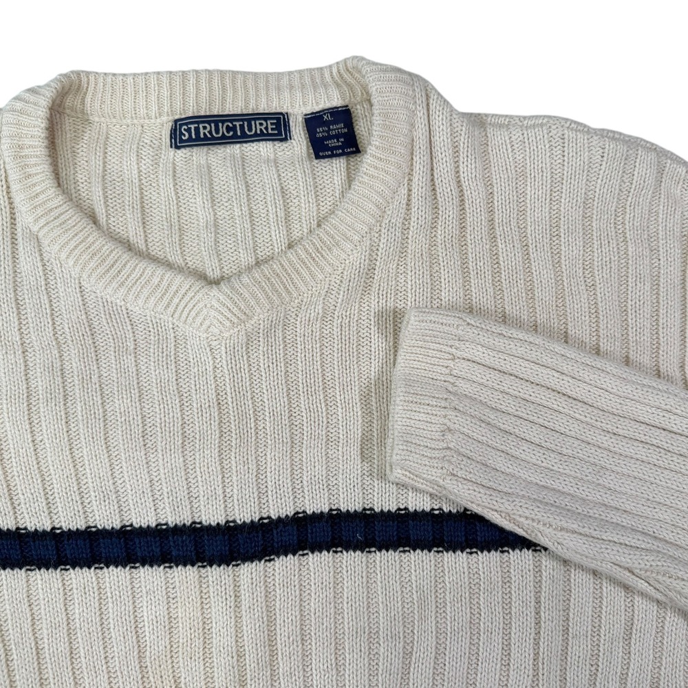 Structure XL Cream V-Neck Ribbed Knit Sweater Navy Stripe Coastal Retro